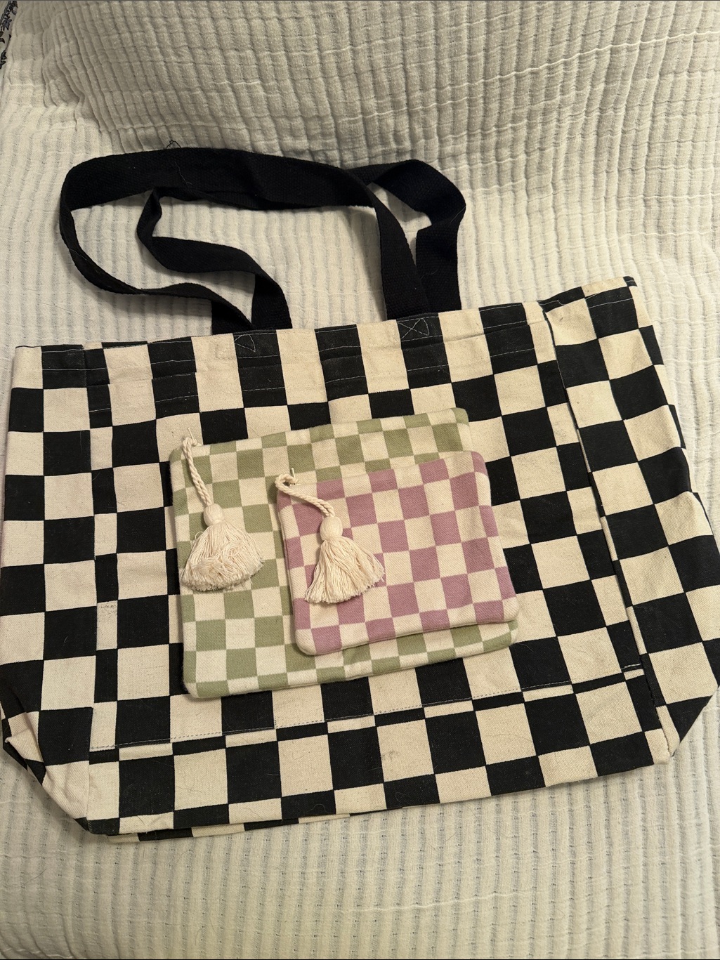 Set Of 3- Black & Cream Checkered Canvas Tote With Green And Pink Check Pouches